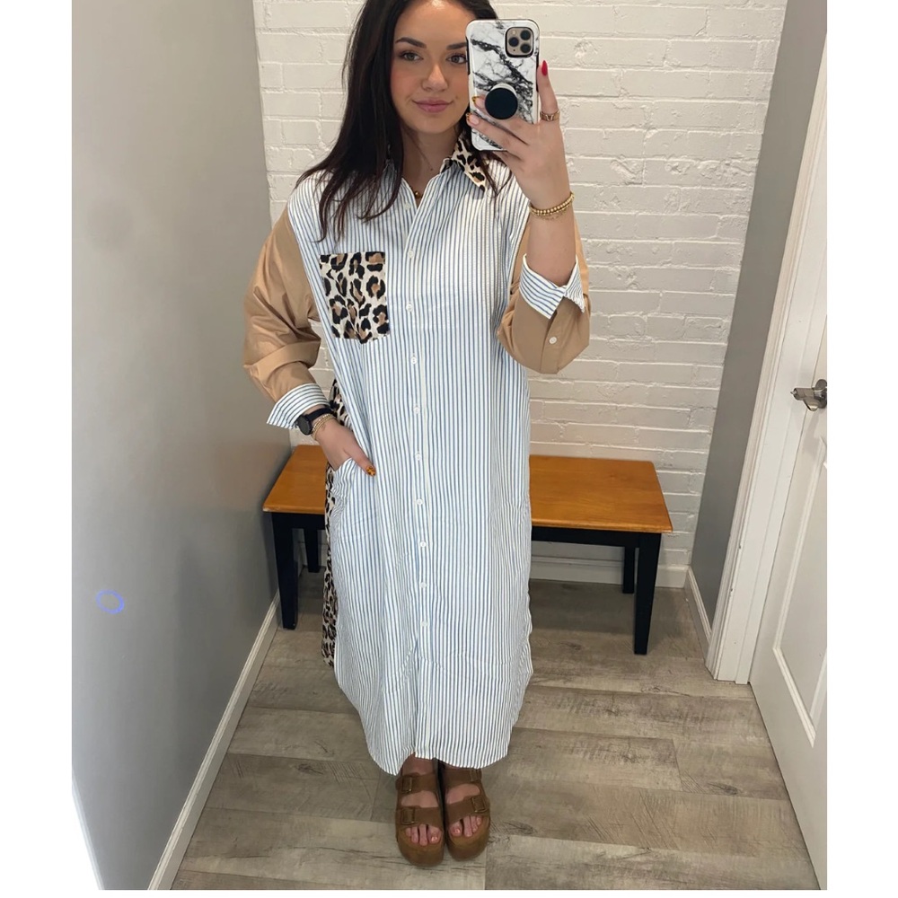 💗 Vici- BLUE and Tan Maxi Dress with Leopard Details (BLUE & WHITE STRIPES)